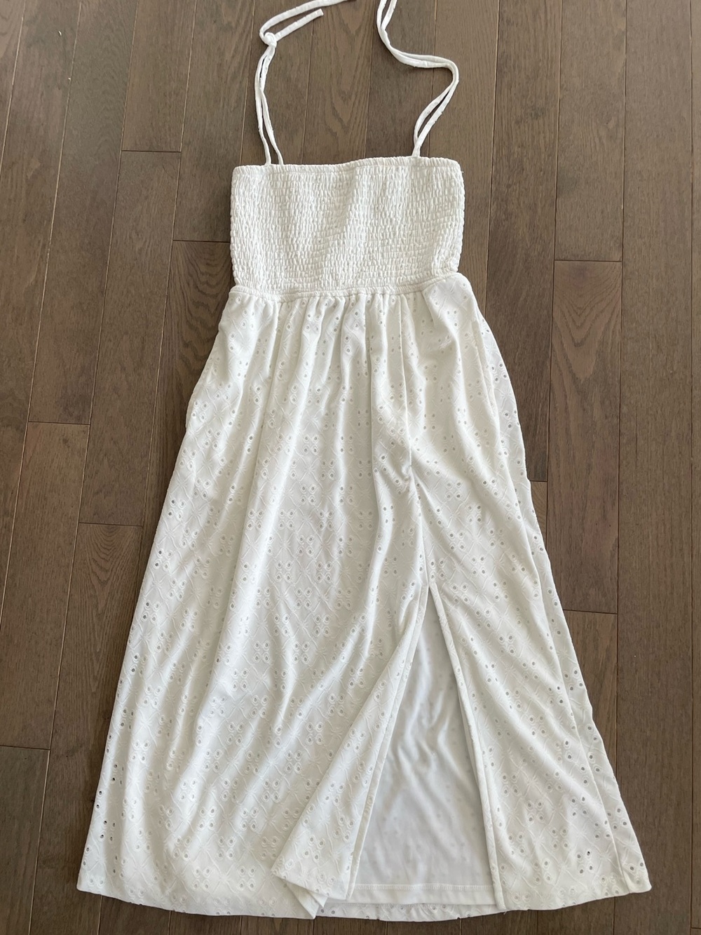 A.C.W. White Eyelet Smocked Halter Midi Dress S - Picture 2 of 9
